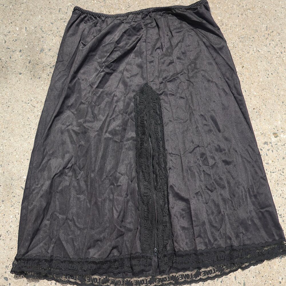 Vintage House of David Black Half Slip Large Nylon Lace Zip Slit Lingerie Skirt